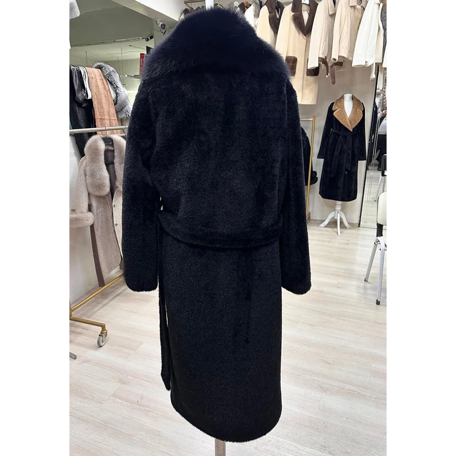 Wool Long Coat Women Luxury High Quality Real Cashmere Coat With Natural Fox Fur Trim Black Winter Warm Wool Blends Coat