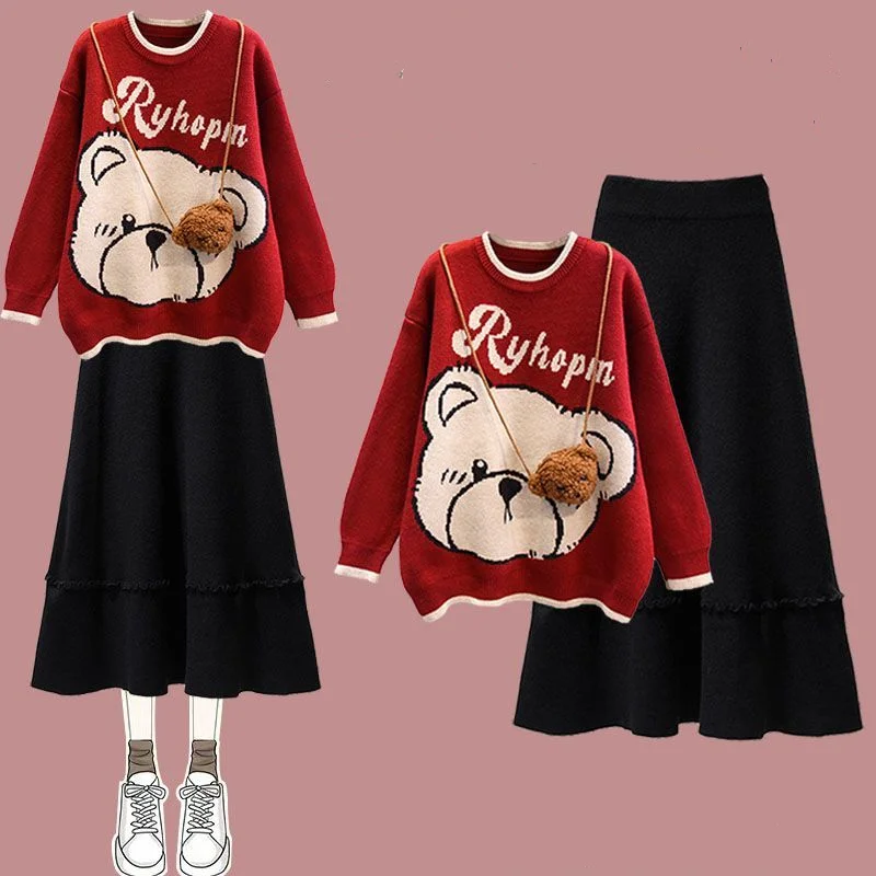 

Elegant Sweet Two Piece Sets For Women Korean Fashion Reduced Age Bear Knitted Sweater Pullover Slim Half Skirt Outfits