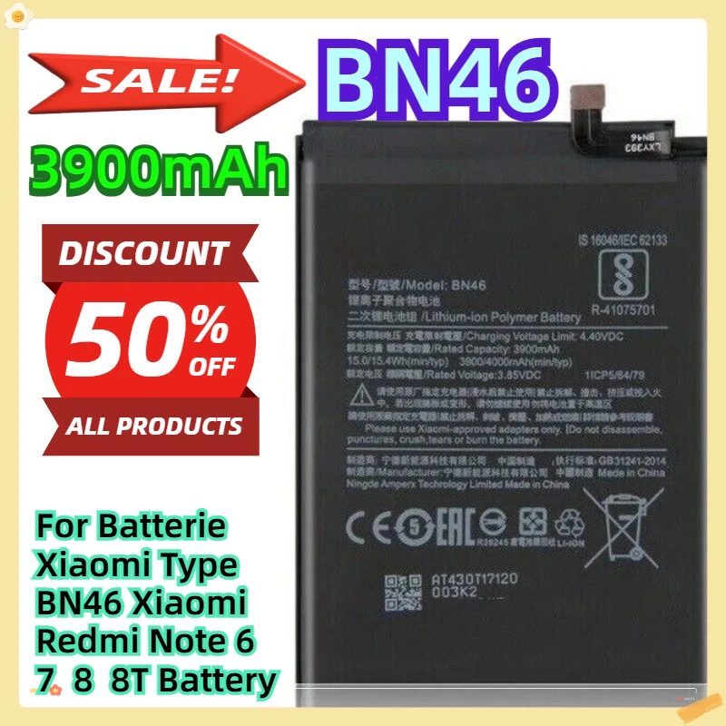 

BN46 4000mAh For Batterie Xiaomi Type BN46 Xiaomi Redmi Note 6 7 8 8T Battery