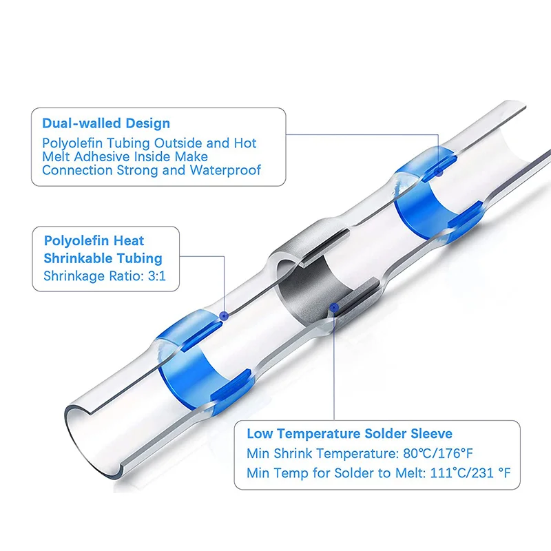 Heat Shrink Tube Solder Insulated Wire Connectors Seal Sleeve Shrinkable Tube Soldering Butt Electrical Cable Splice 5/30/50PCS