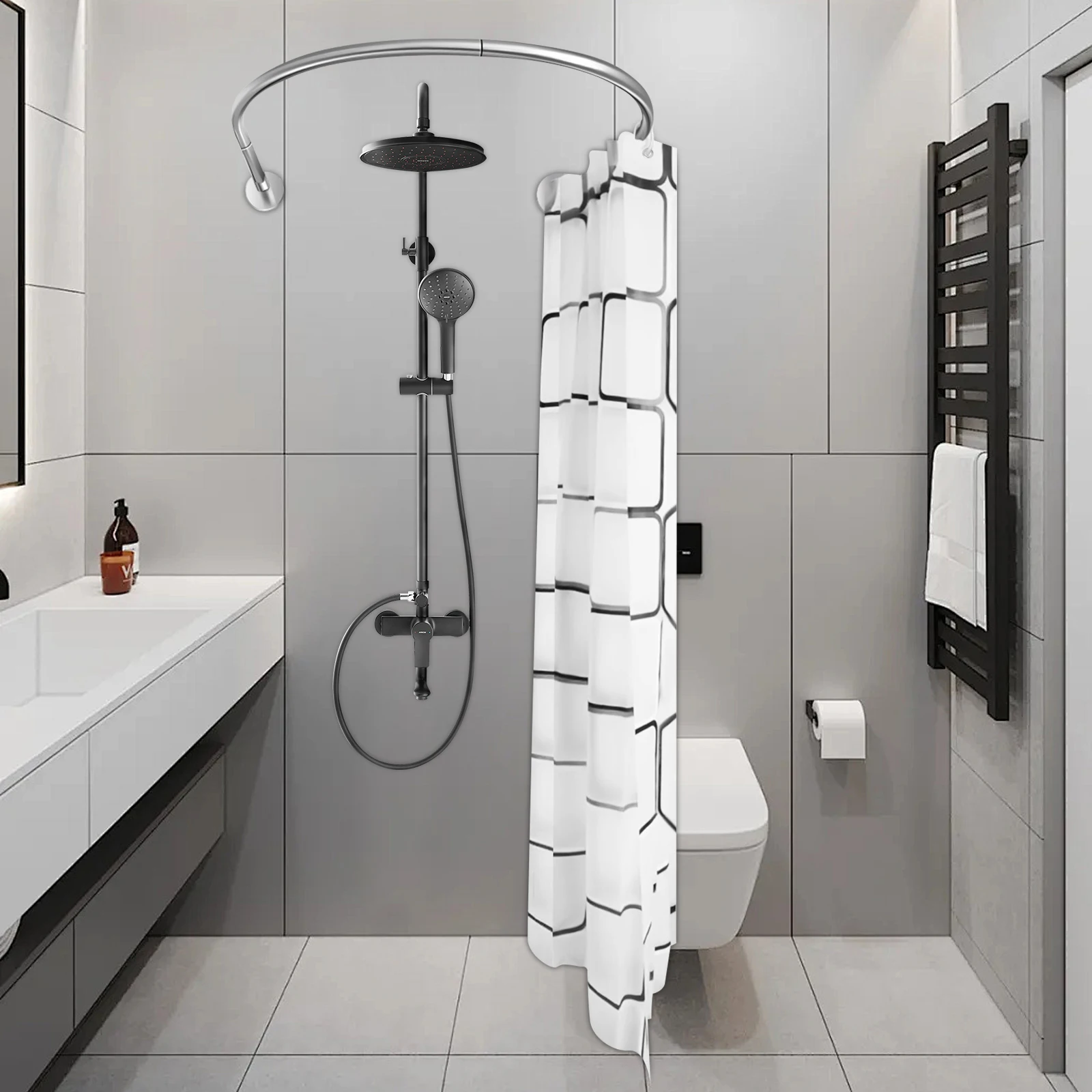 Ensemble de tringle de douche en forme de U, tringle courbée rétractable en acier inoxydable 304 épaissi et rideau de douche, tringle de rideau de salle de bain