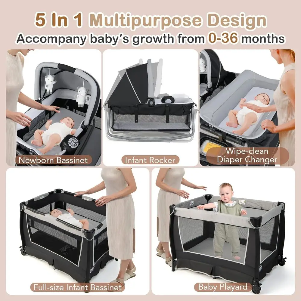 Parque infantil portátil 5 en 1 con moisés, cambiador, almacenamiento, música y bolsa de transporte para bebés