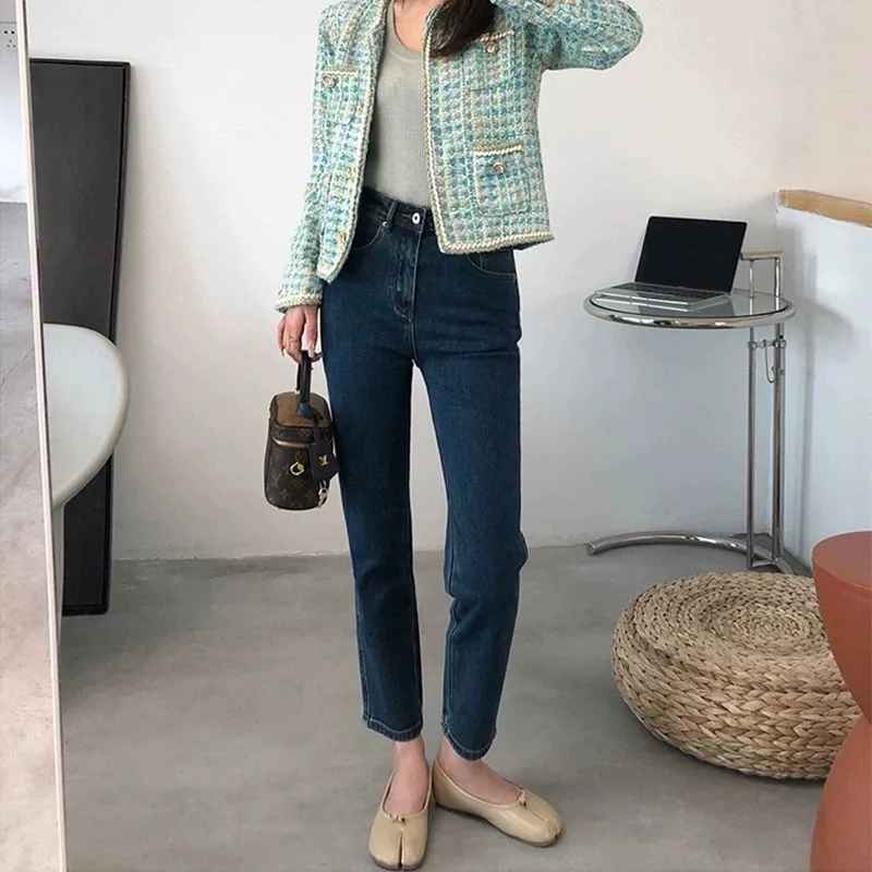 High Waist Straight Leg Blue Jeans Women's Versatile Slim Fit Nine Points Spring Summer Fashion Small Size Narrow Version