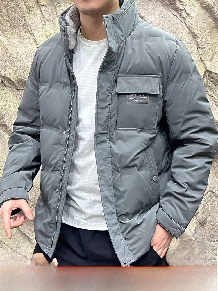 

Men's Winter down Jaet Stand Collar Removable Fur Collar Mixed Wool Du Feather Filled Warm Thiened Long Sve Zipper C...