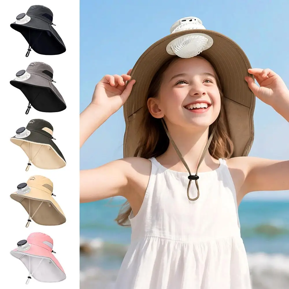 

Уличная детская солнцезащитная шляпа с широкими полями, охлаждающая шляпа с шейным клапаном, вентилятор на солнечной энергии, дышащая солнцезащитная кепка для мальчиков и девочек