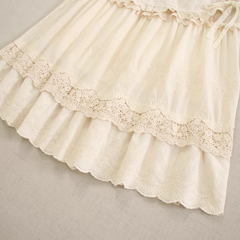Japanese Sweet Lolita Mori Girl Hollow Out Embroidery Bandage Patchwork Skirts Women Spring Casual Loose A-Line Cotton Skirts