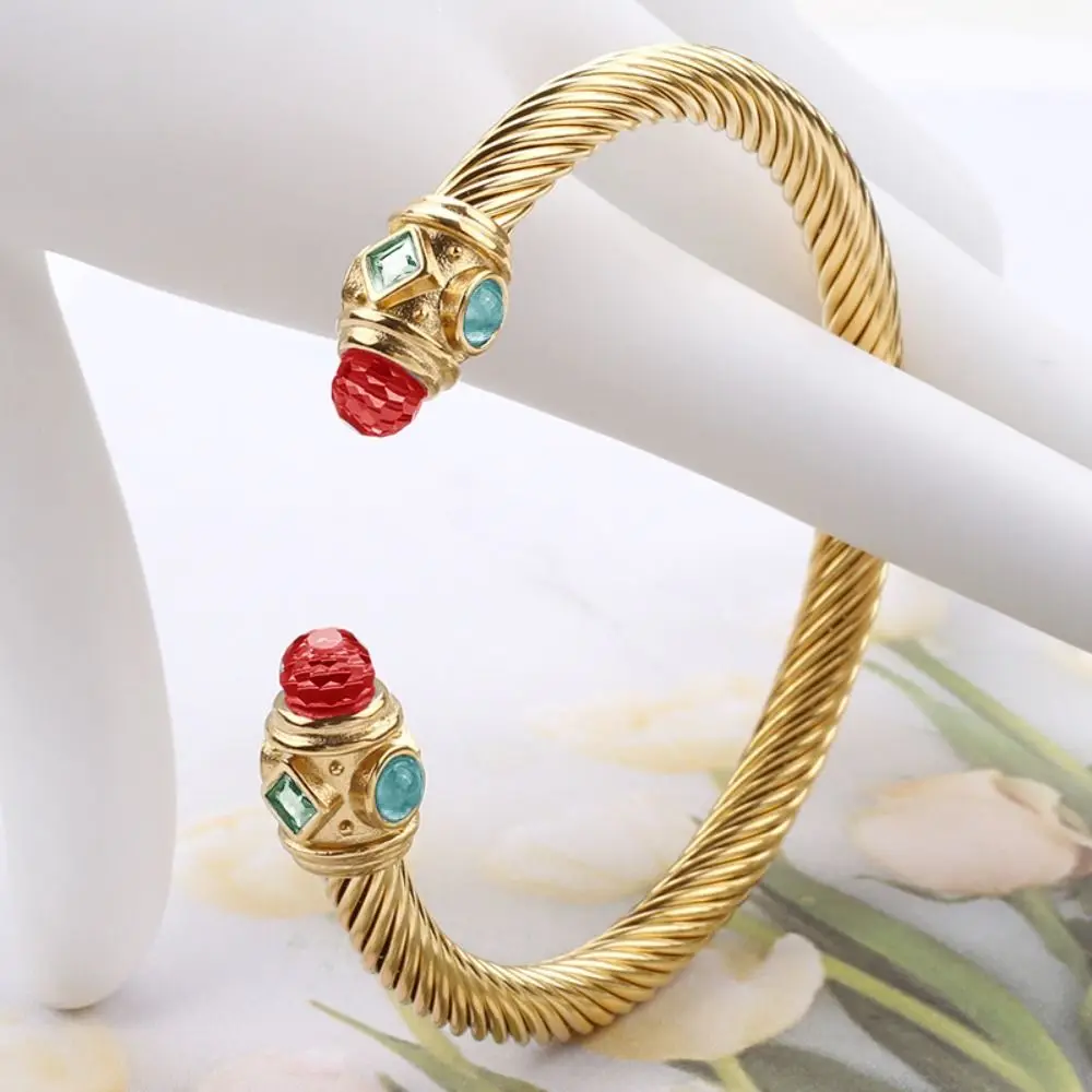 

Fashion Stainless Steel Opening Bangles Charm Twist Rhinestone Bracelet Hand Jewelry Simple Wrist Ornament Women Female