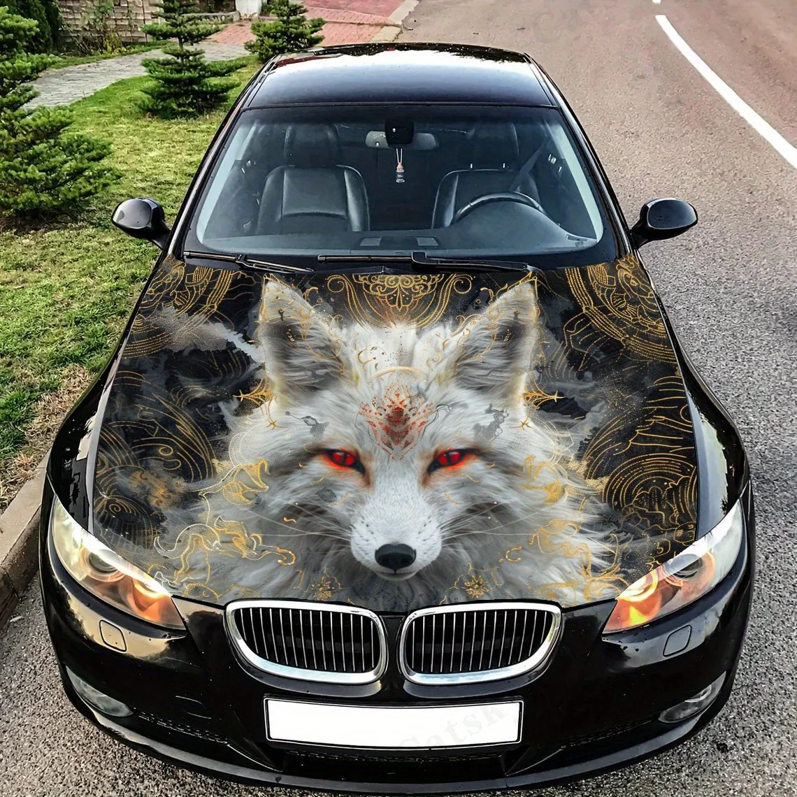 

White Fox with Ornate Patterns Car Hood - Self-Adhesive, Waterproof & Scratch-Resistant Sticker , Perfect For Vehicle Customizat