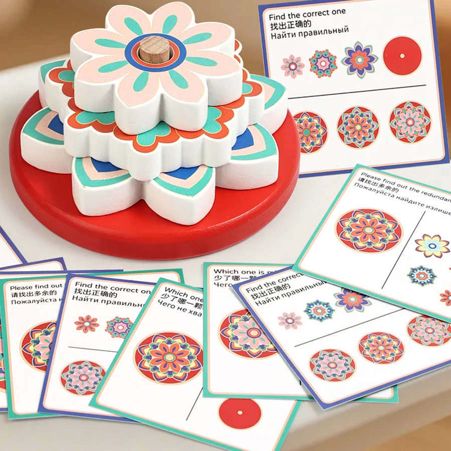 

Wooden Flower Pattern Matching Stacking Toy Montessori Educational Puzzle with Flash Cards Kids Cognitive Training Game