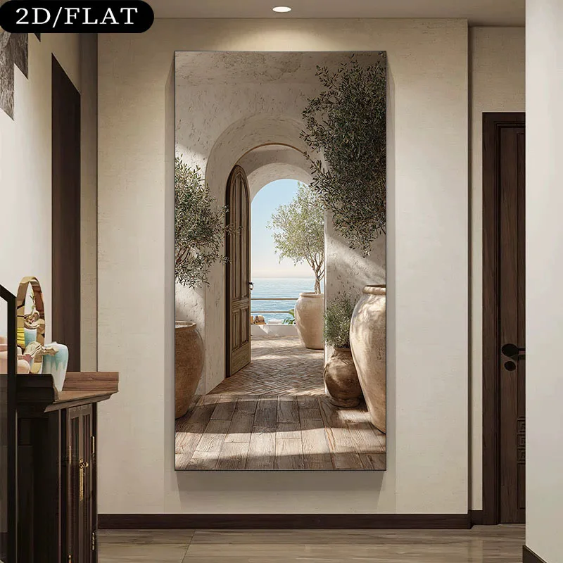 

1pc Extra Large Modern Coastal Archway Canvas Wall Art - Frameless Mediterranean Sea View Painting, Contemporary for Home Decor