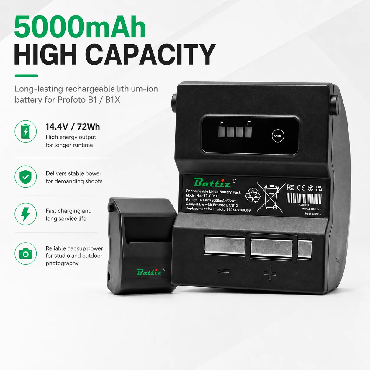 Replacement Li-ion BatteryPack for 100399 100323 Compatible with Profoto B1/B1X AirTTL Flash Heads 14.4V 5.0Ah/72Wh