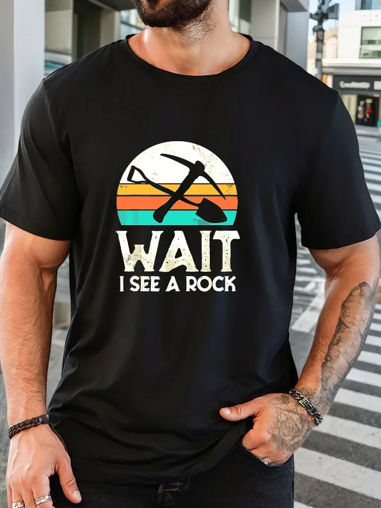 Men Black Crew Neck Tee Retro Sunset Pickaxe Shovel Wait I See A Rock Geology Rockhounding Graphic Soft Short Sleeve Mineral Hun