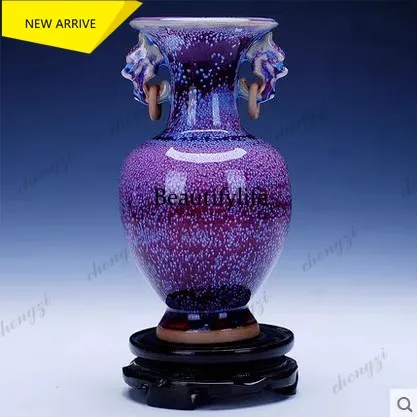 a95 Living room home decoration Jingdezhen ceramics antique Jun porcelain Lang Hong binaural kiln vase