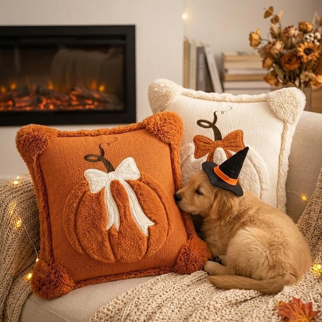 45cm Embroidered Pumpkin Bow Pillow Cover Beige Halloween Sofa Cushion Case Throw Pillow Sham Living Room Bedroom