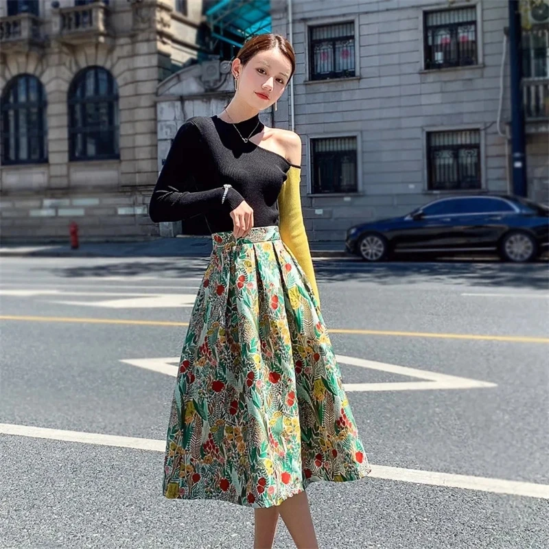 2025 New Spring Summer Korean Fashion Skirt Women High Waist Embroidered A-Line Mid-Length Skirts Elegant Slim Femme Skirts