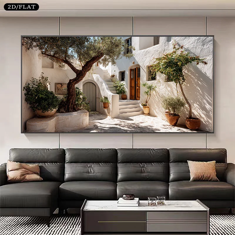 

2D Flat Large Modern Mediterranean Courtyard Landscape Canvas Wall Art Unframed Greek Island Canvas Prints for Living Room Decor