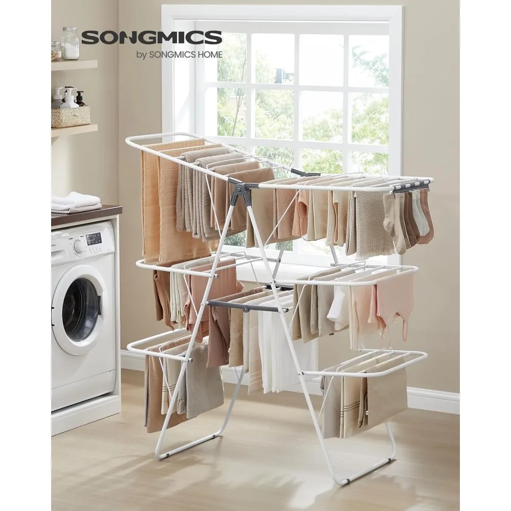 Clothes Drying Rack, Foldable 3-Level Laundry Rack, Free-Standing Large Drying Rack, with Height-Adjustable Wings, 39 D