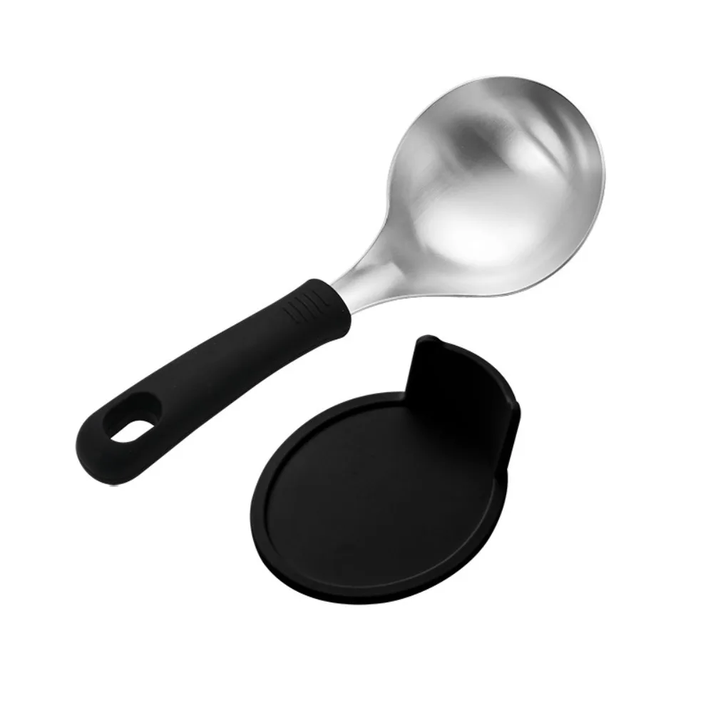 With Spoon Rack Korean Soup Spoon Set Silicone Handle Heat-resistant Soup Ladle Anti-scalding Hot Pot Spoon Dinning Table