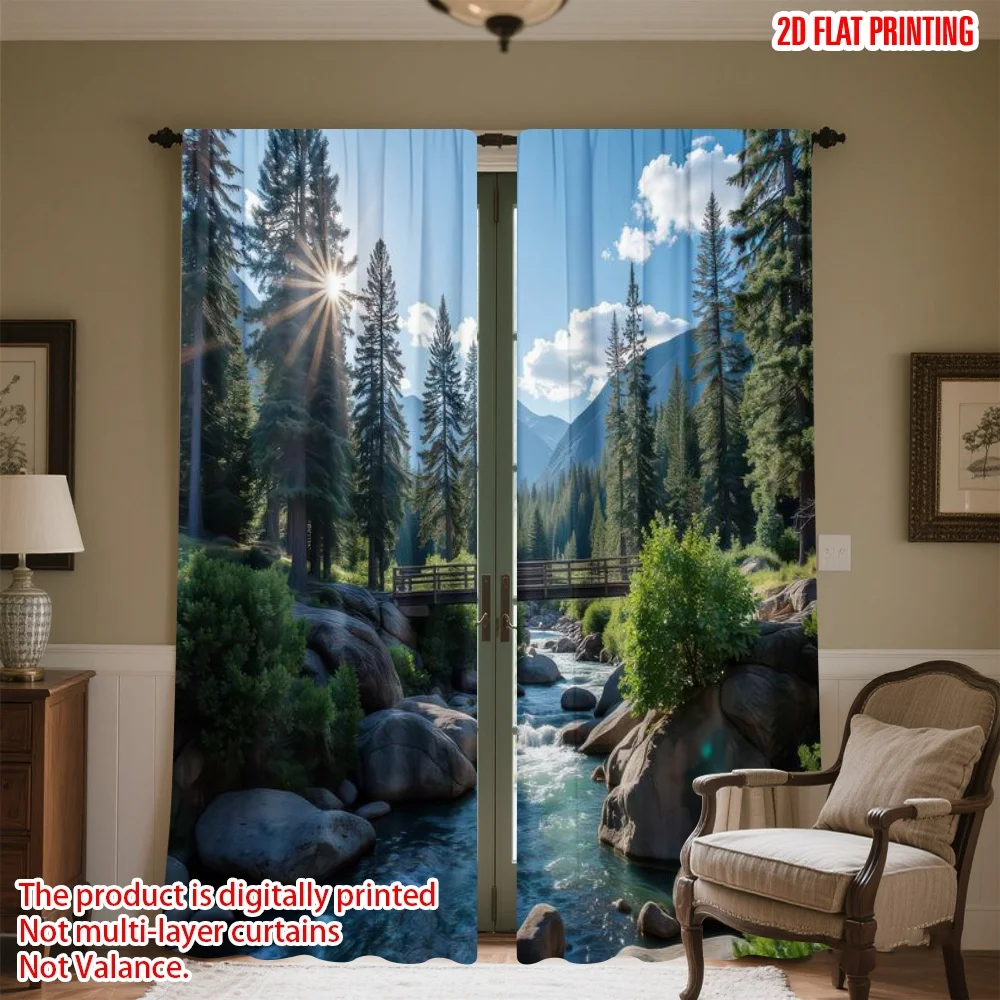 

2D flat printing 2pcs Window Curtains Sunlit Forest River Scene Digital Printed Polyester Drapes Birthday Party for Festive