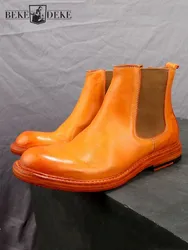 Handmade Horsehide Genuine Leather Short Boots Mens Casual Round Toe Vintage Slip-On High Top Shoes Motorcycle Biker Boots Male