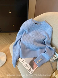 Fashion Office Lady Loose Classical Blue Sweater Vintage O-Neck Long Sleeve Tide Classical Pullovers High Street 2000s Aesthetic