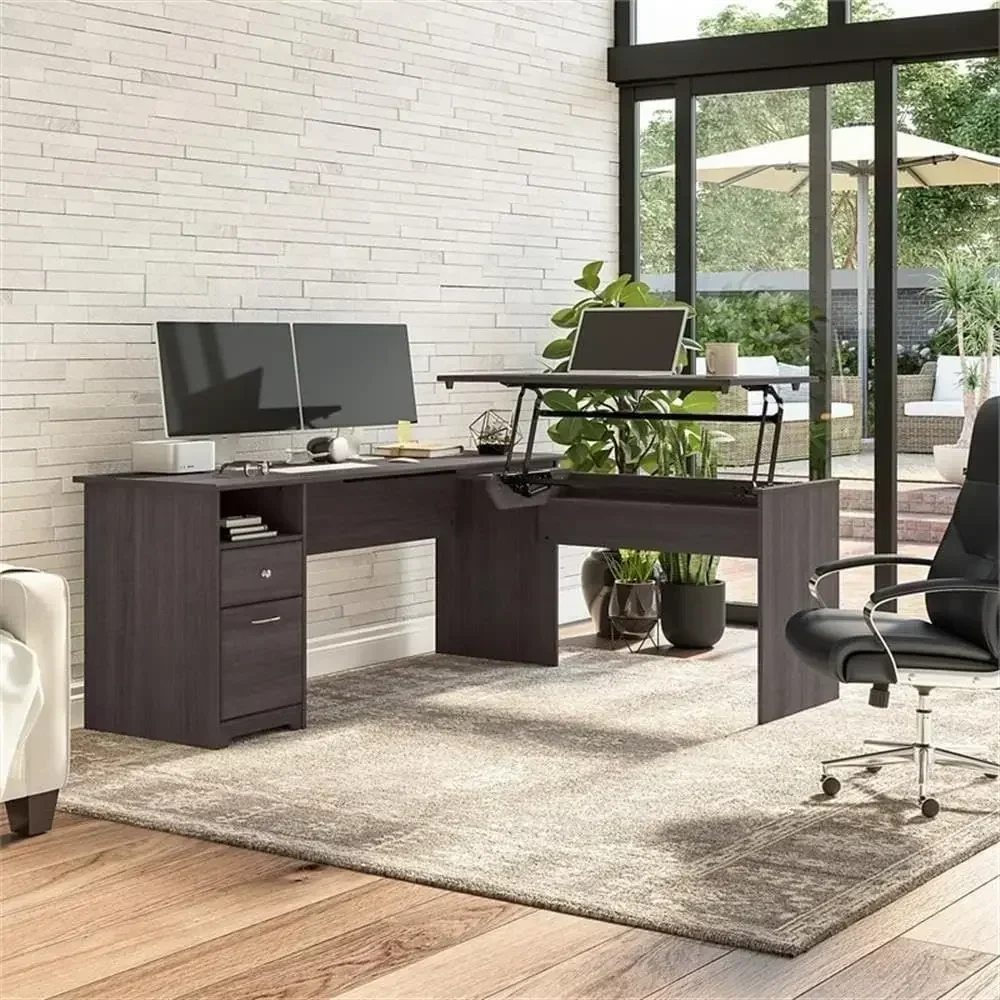L-Shaped Standing Desk with Drawers and Lockable Storage | 72 Wide Sit-Stand Table with Return