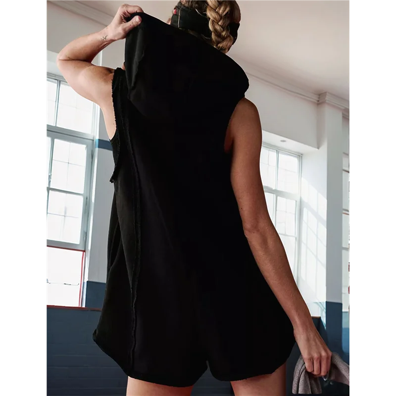 A83F-rompers voor dames atletische training romper met capuchon, casual jumpsuits met ritssluiting aan de voorkant, overall met zakken