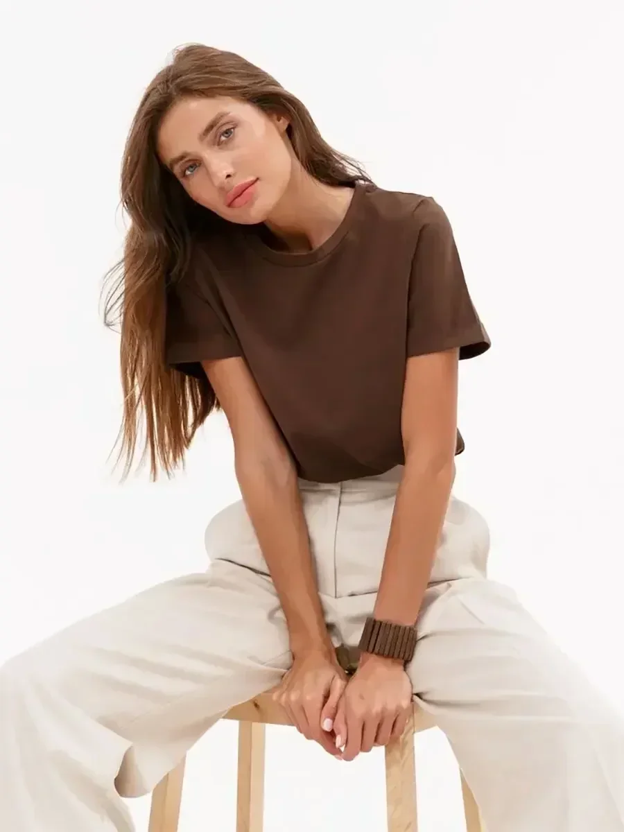Cross border hot selling cotton T-shirt with round neck and short sleeves for European and American women loose basic top