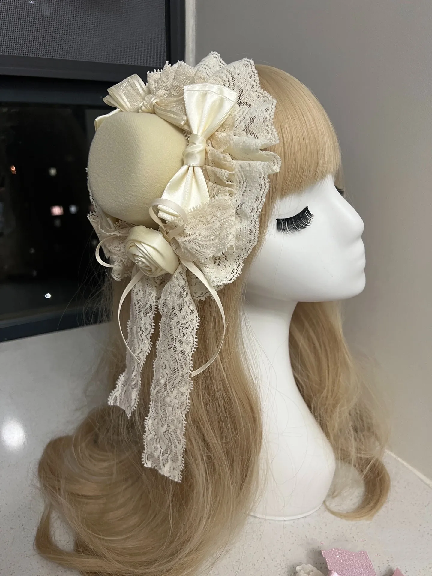 Original handmade hats beige bow rose flower hats, party dress hats women hat 1 piece