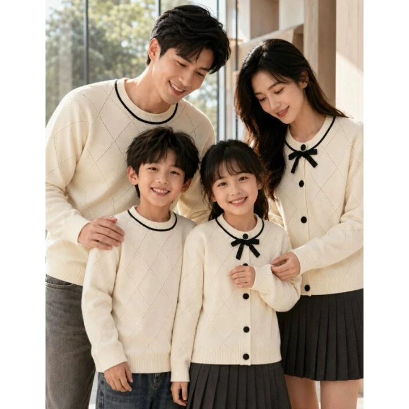 Family Matching Outfits Winter Dad Son Knit Sweater Mom Daughter Cardigan Couple Sweater Parent-child Clothing Family Photoshoot