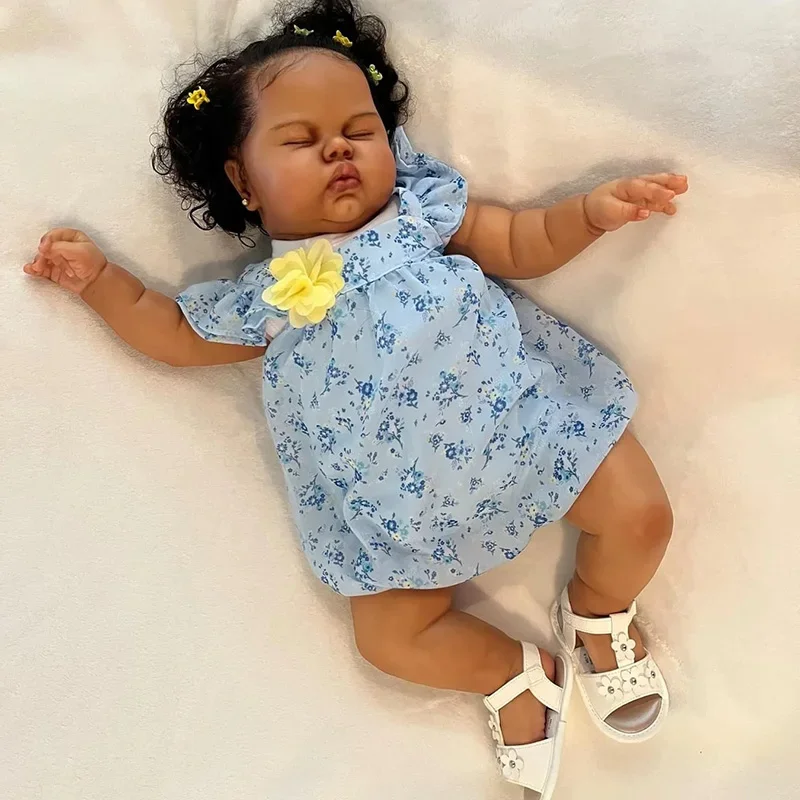 60CM Pickle Dark Skin Sleeping in Soft Cloth Body Lifelike Reborn Toddler Hand Rooted Hair Cuddly Baby Girl Doll Baby