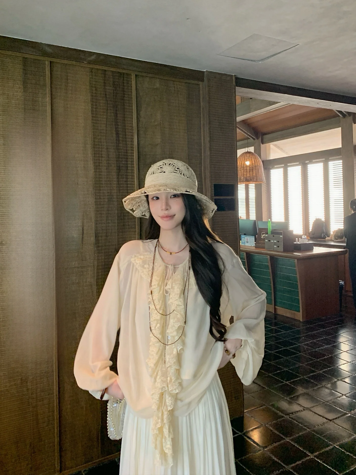 

Yellow One ain YEAHLOU Early Spring New Lotus Le Collar Chiffon Long Sve Thin irt Strap Transparent French Sle Loo...