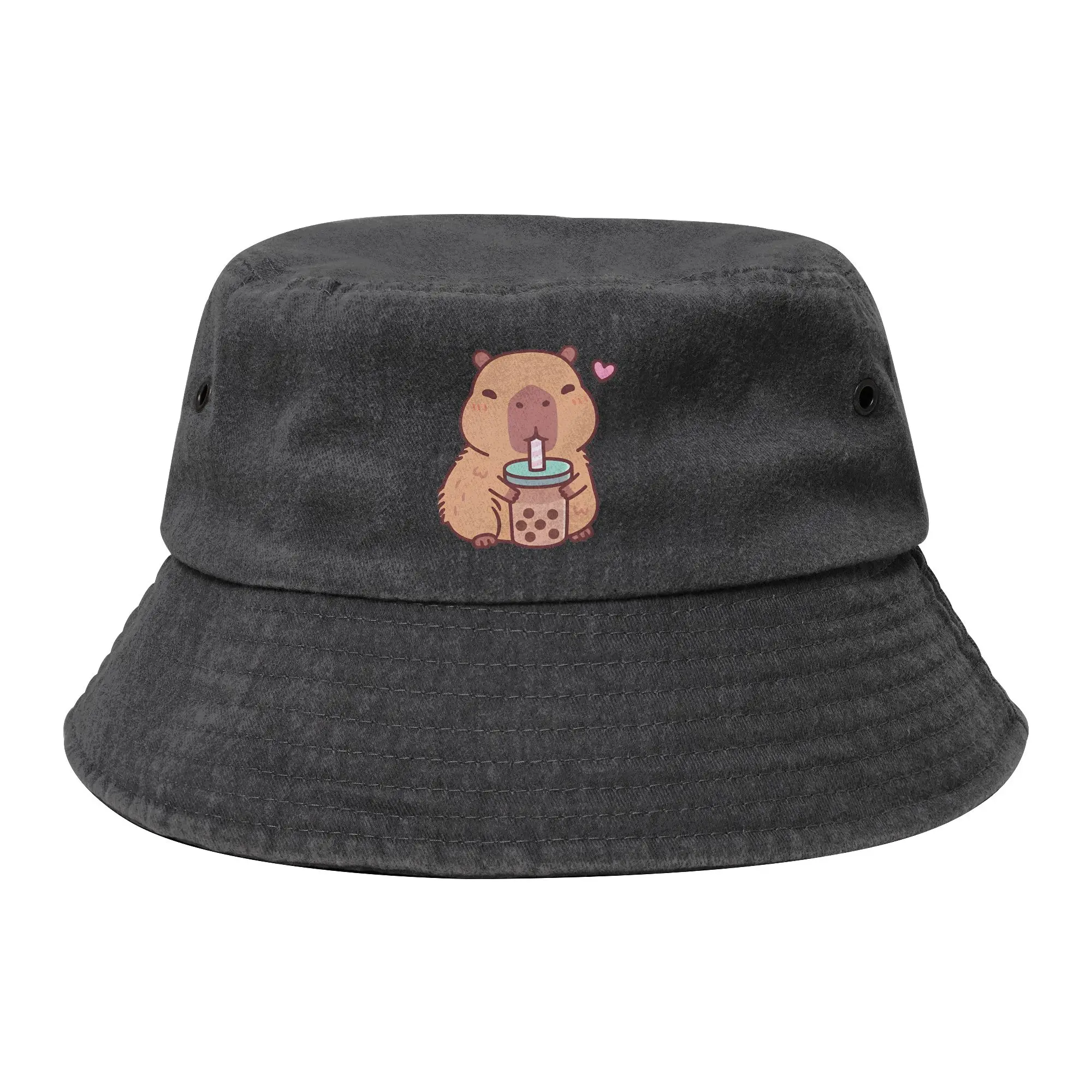 Niedlicher Capybara-Love-Bubble-Tea-Fischerhut für Damen – Distressed Baumwoll-Outdoor-Sporthüte für Frühling und Picknick