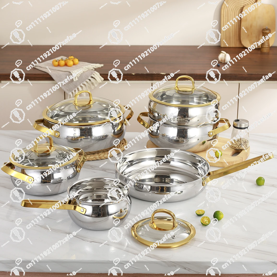 

Gold Classic Design Stainless Steel Pot Set 304 Three Layer Steel with Lid Household Soup Pans and Frying Pans