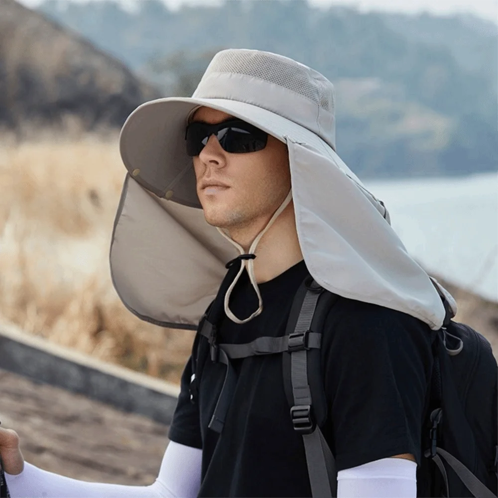 Fashion Cloth Men Sun Hat Big Brim Removable Shawl Summer Bucket Hat With Lanyard Ultraviolet-proof Women Visor Cap Beach view 2