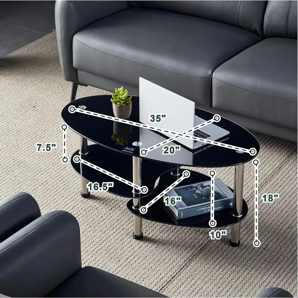 طاولة قهوة زجاجية بيضاوية معاصرة، طاولة جانبية لغرفة المعيشة باللون الأسود مكونة من 3 أرفف