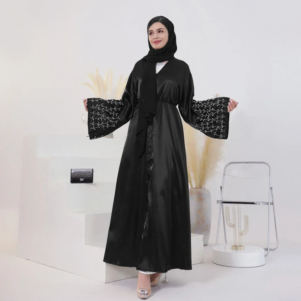 Kimono Abaya Dubai Luxe Kralen Snap-Sluiting Front Moslim Feest Jurk Abaya Voor Vrouwen Kalkoen Islam Bescheiden Kaftan Hijab Gewaad