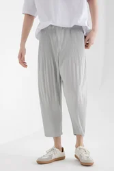 Miyake-Pantalones plisados para hombre, ropa de calle japonesa, holgada, informal, transpirable, de entrepierna baja