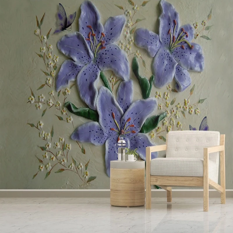 Custom 3D Relief Purple Flower Butterfly Mural Wallpaper Living Room TV Sofa Bedroom Background Wall Decor Pegatinas De Pared