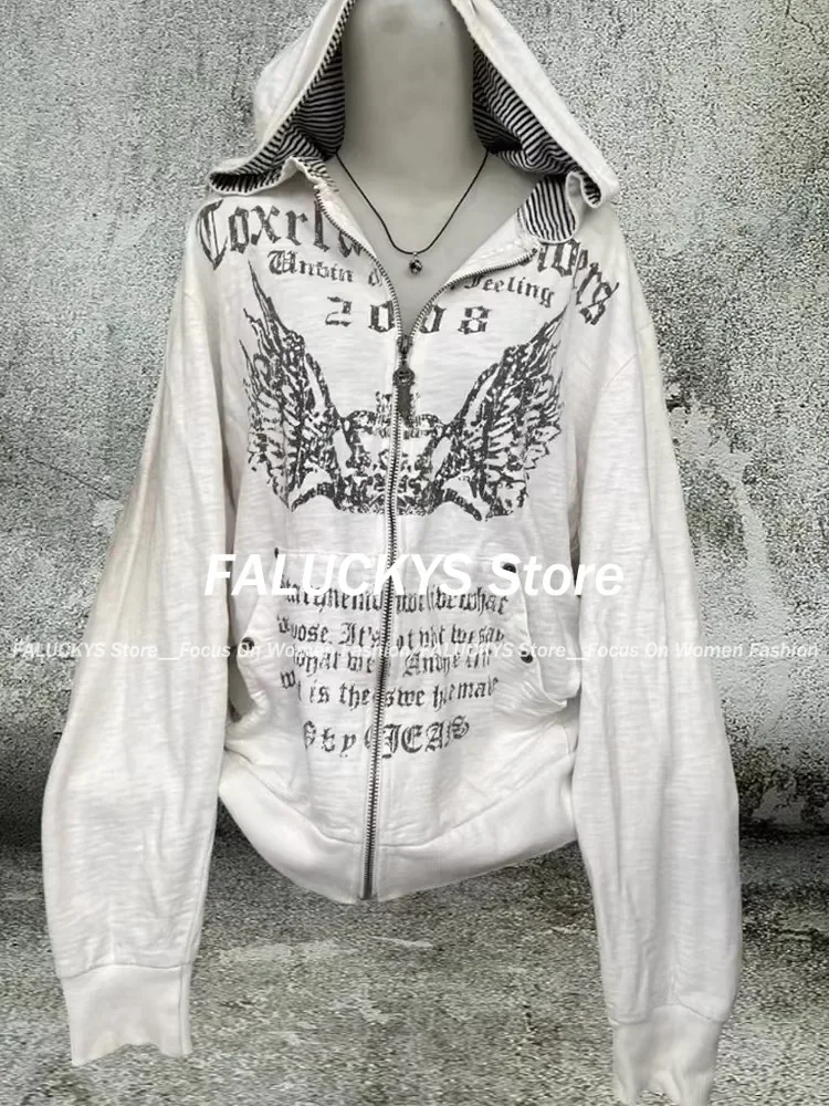 2024 Grunge Print Slim Waist Y2k Hoodies Hooded Autumn Zip Up Sweatshirts Vintage Women Clothing Casual Fashion Long Sleeve Tops