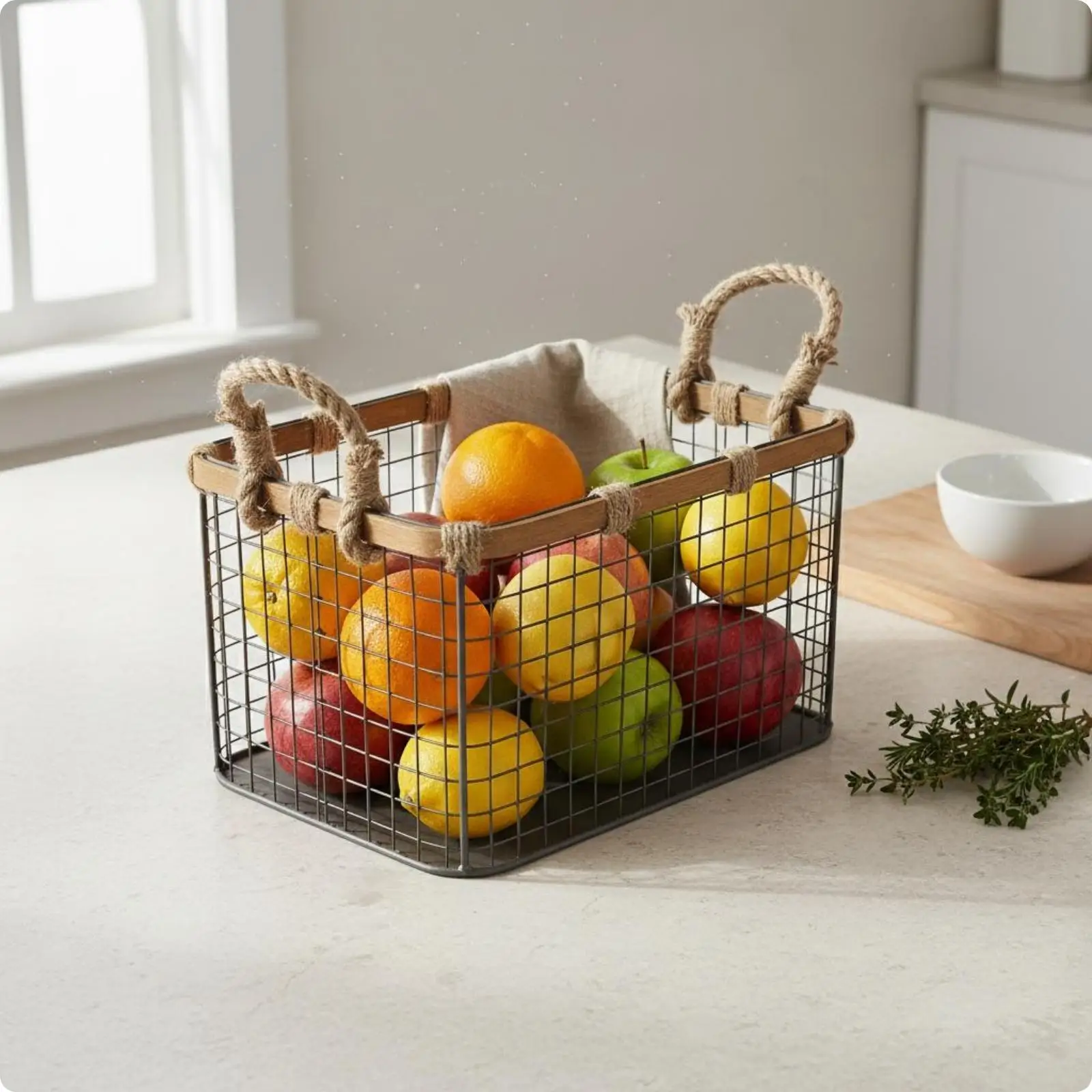 Nordic Style Kitchen Organizer Basket with Hemp Rope Handles for Daily Use