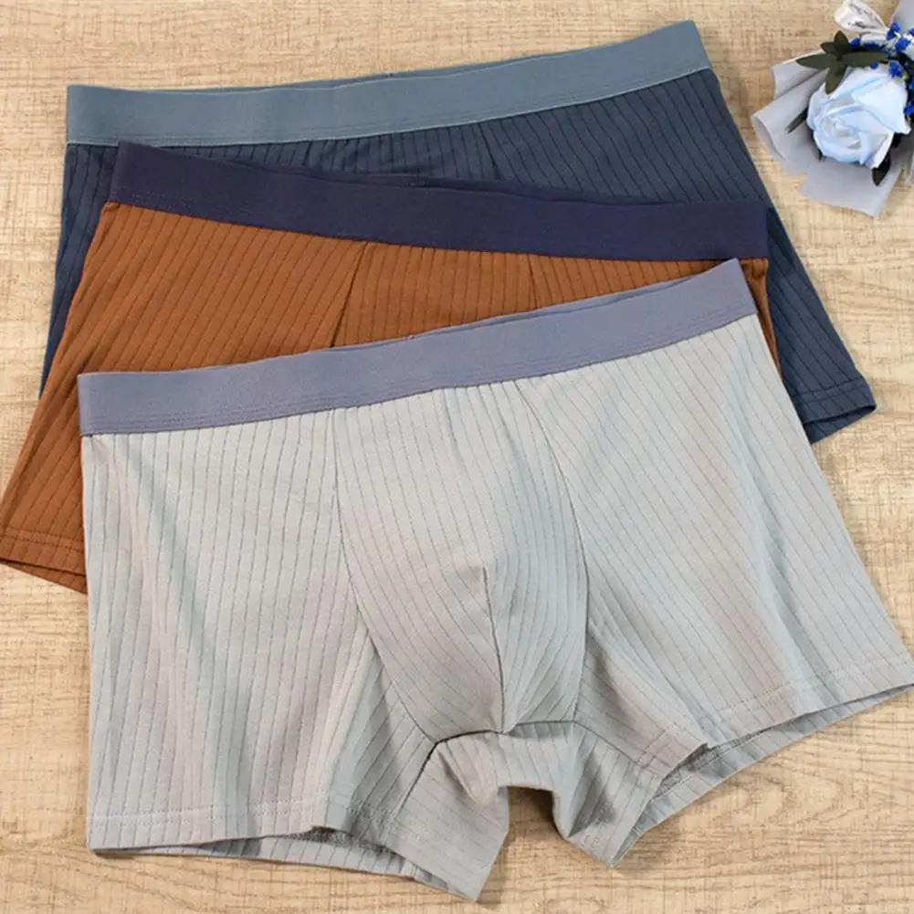 Mid-waist Boxer Briefs Men's Mid-waist Boxer Underwear Elastic Ribbed Patchwork Shorts U-convex Design Briefs with Smooth