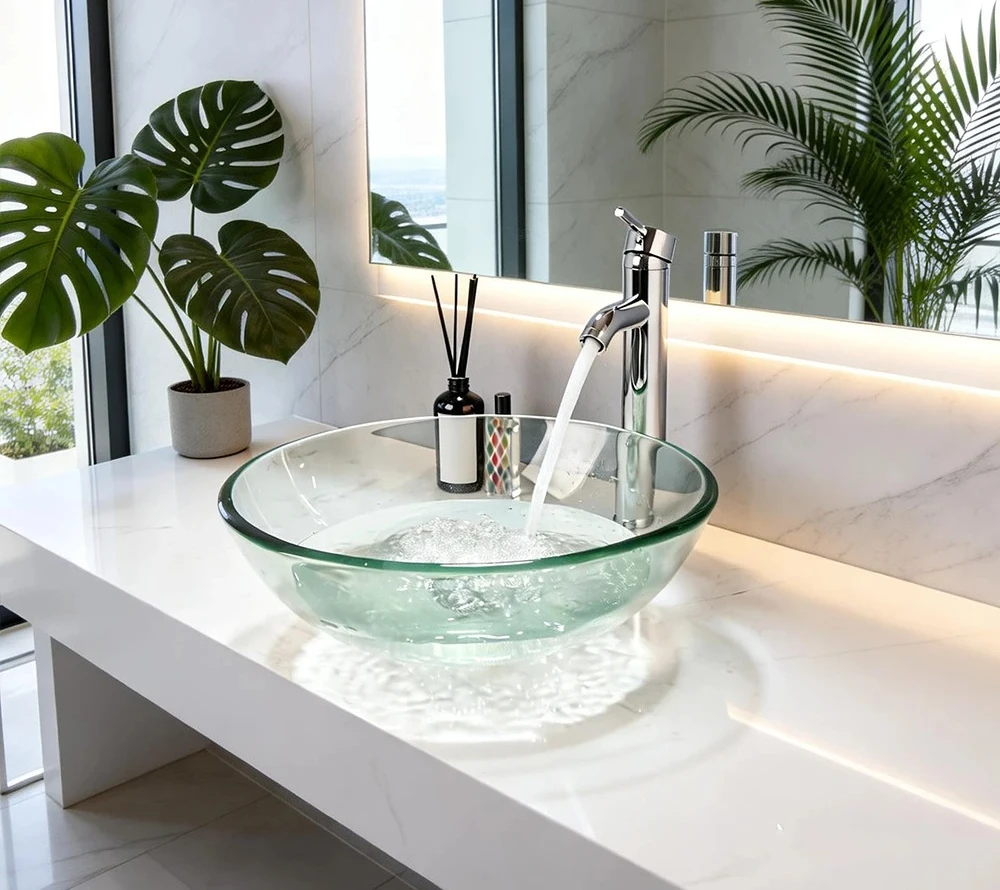 Washbasin Faucet Set Transparent Tempered Glass Vessel Basin Faucets Mixer Water Tap W/ Pup Drain Torayvino Round Bowl Bathroom