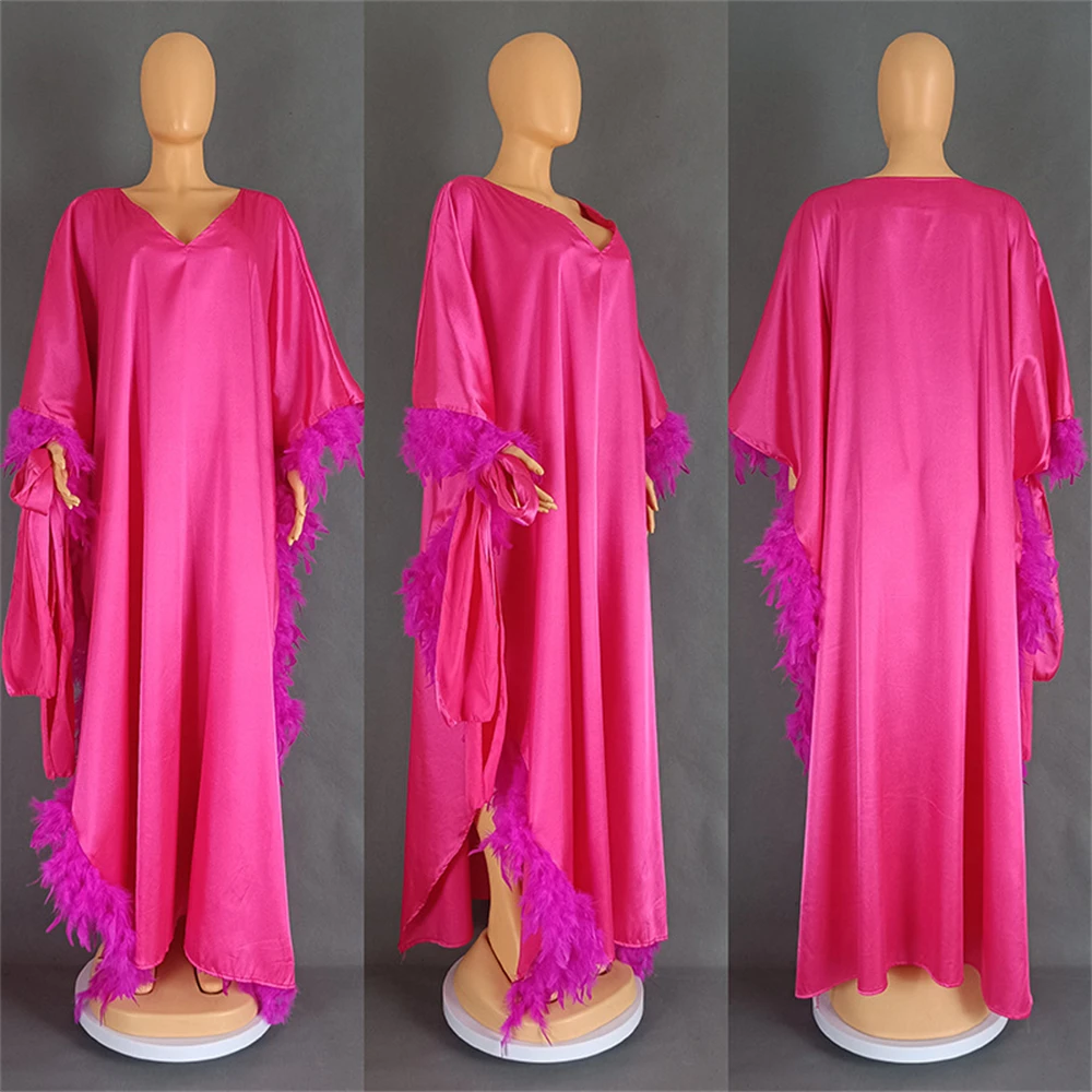 Autumn Fashion Satin Tassel Robe Dress African Women Elegant Loose V-neck Bat Sleeve Feather Long Dress Lady Party Evening Gown
