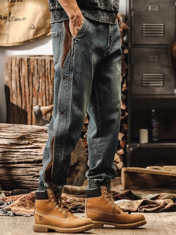 

American Retro Patchwork Denim Jeans Men's Spring Autumn Heavy Casual Handsome Harlan Pants Loose Straight Tube Jeans