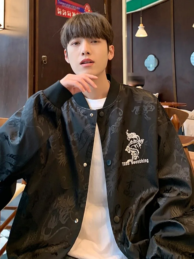 

Бейсбольная куртка с вышивкой в виде дракона, мужская осенняя новинка в американском ретро-стиле, молодежная куртка-пилот свободного кроя с длинными рукавами