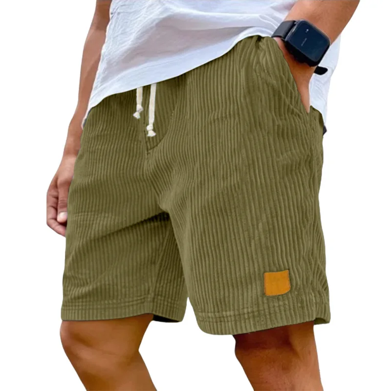 Men's Vintage Corduroy Shorts Casual Summer Drawstring Waist Loose Fit Retro Vertical Stripe Shorts with Pockets