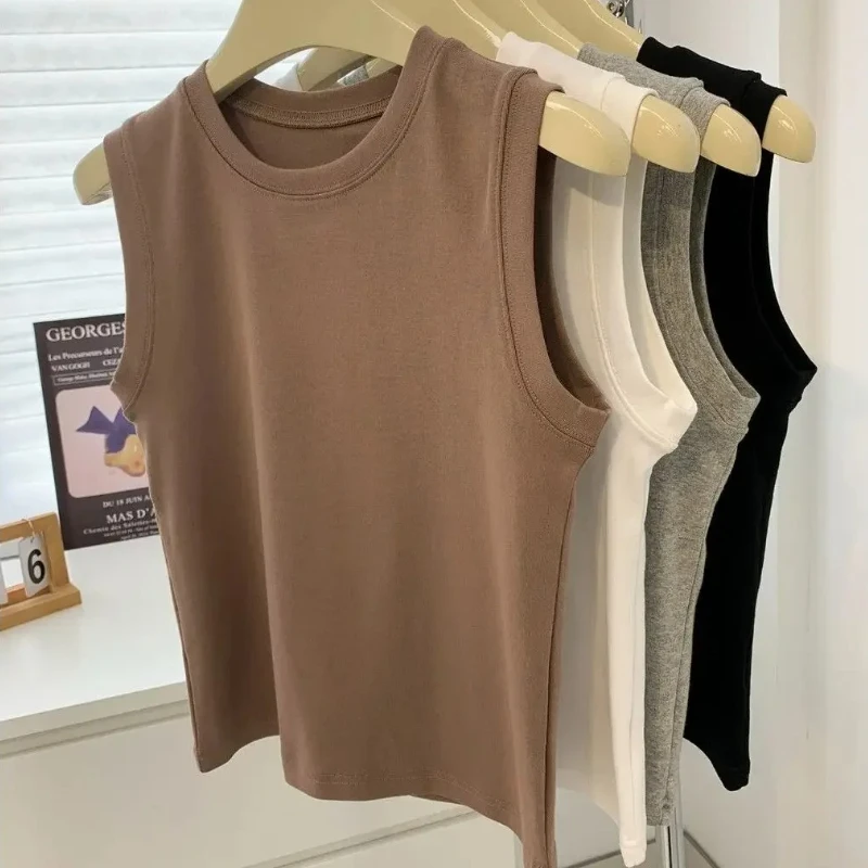 Round Neck Colourful Basic Sleeveless Undershirt Cotton Tank Top Vest for Women Camisole with Coverage for Side Cleavage