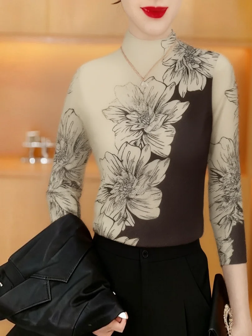 

Утепленная флисовая рубашка с длинным рукавом и принтом для женщин среднего и пожилого возраста, корректирующая фигуру, антивозрастная одежда для мам, с воротником-стойкой