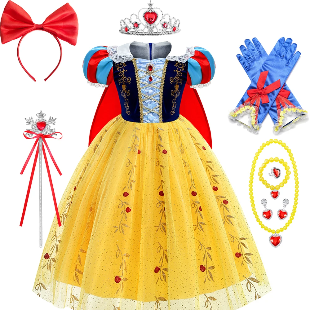 Schneewittchen-Kleid für Mädchen mit schwarzer Perücke und roter Schleife, Kinder-Bühnenkostüm, Halloween-Cosplay-Kostüm, Geschenk – Detail 6